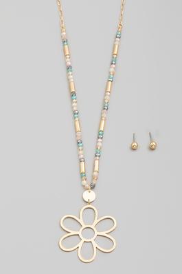 Metallic Flower Pendant Beaded Long Necklace Set