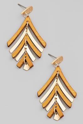 Wooden And Metallic Tiered Dangle Earrings
