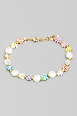 Beaded Flowers And Pearl Chain Bracelet