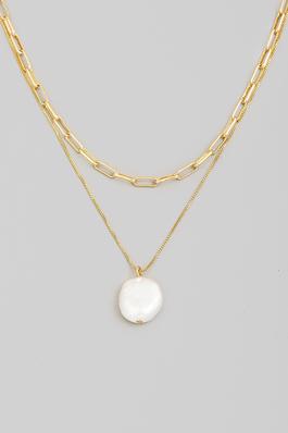 Gold Dipped Layered Chains Pearl Pendant Necklace