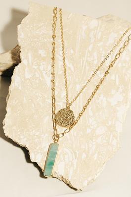 Stone Bar And Metallic Coin Pendant Necklace