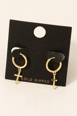 Gold Dipped Cross Charm Hoop Earrings