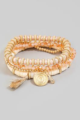 Coin And Tassel Charm Mixed Beaded Bracelet Set