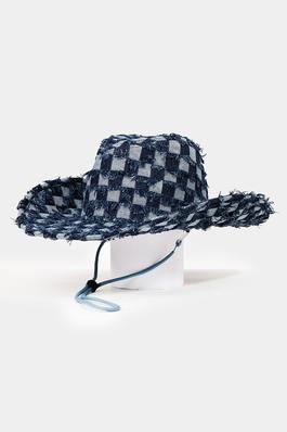 Checkered Fringe Denim Cowboy Hat
