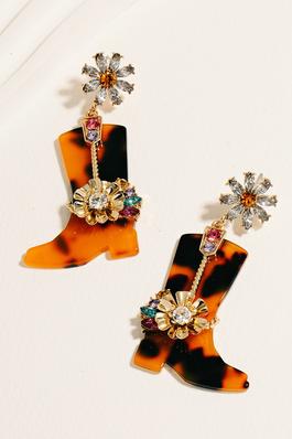 Acetate Rhinestone Flower Cowboy Boots Earrings
