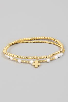 Gold Dipped Cross Charm Mixed Beaded Bracelet Set