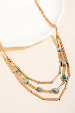Stone And Metallic Tube Beaded Layered Chain Necklace
