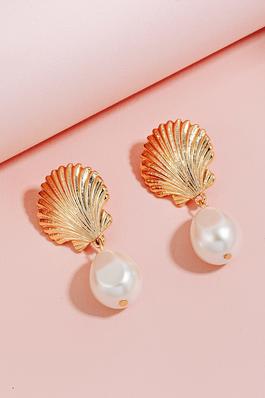 Clam And Pearl Dangle Stud Earrings