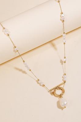 Pearl Bead Chain And Pendant Toggle Necklace