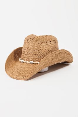 Straw Braid Cowrie Shell Cowboy Hat