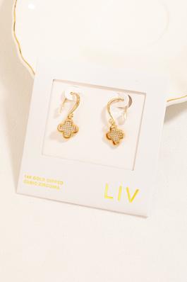 Gold Dipped Cz Pave Clover Charm Hoop Earrings