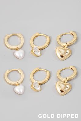 Gold Dipped Cz And Pearl Heart Charms Hoop Earrings Set