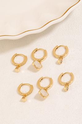 Gold Dipped Cz And Pearl Mixed Charms Hoop Earrings Set