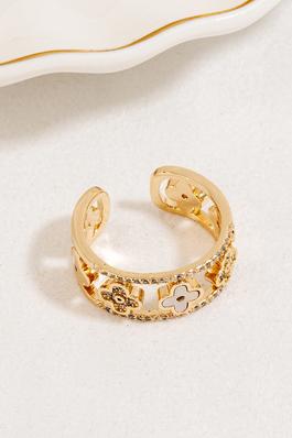 Gold Dipped Cz And Pearl Clovers Open Band Ring