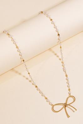 Large Ribbon Pendant Pearl Bead Chain Necklace