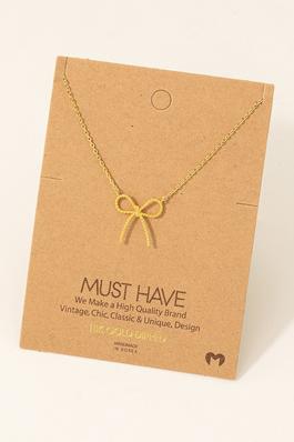 Gold Dipped Textured Ribbon Bow Pendant Chain Necklace