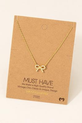 Gold Dipped Cz Stud Ribbon Bow Pendant Necklace