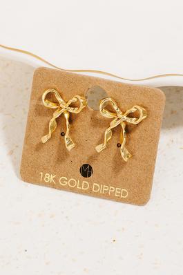 Gold Dipped Long Ribbon Bow Stud Earrings