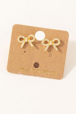 Gold Dipped Cz Pave Ribbon Bow Stud Earrings