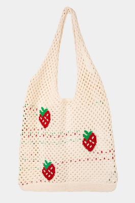 Strawberry Design Crochet Knit Tote Bag
