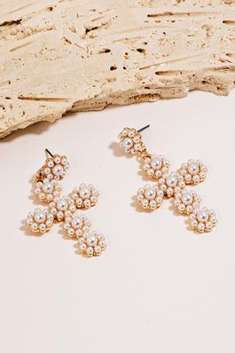 Pave Pearl Cluster Cross Dangle Earrings