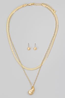 Metallic Tear Pendant Layered Chains Necklace Set