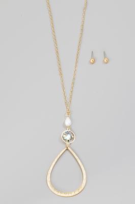 Pearl Shell And Tear Pendant Long Necklace Set