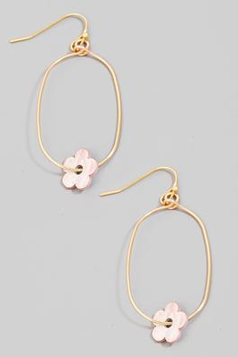 Flat Flower Charm Oval Hoop Dangle Earrings