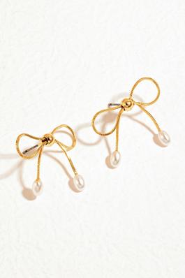 Pearl Charm Metallic Ribbon Bow Stud Earrings
