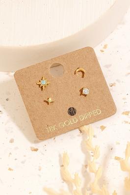 Gold Dipped 4Pc Star Moon Stud Earrings Set