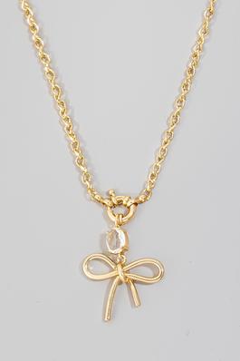Gem And Ribbon Bow Pendant Chain Necklace