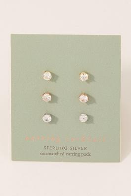 Sterling Silver Cz 3 Tone Stud Earrings Set