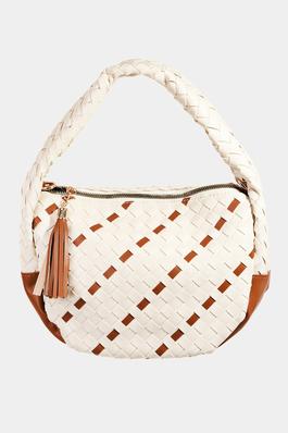 Faux Leather Basket Weave Semi Circle Bag