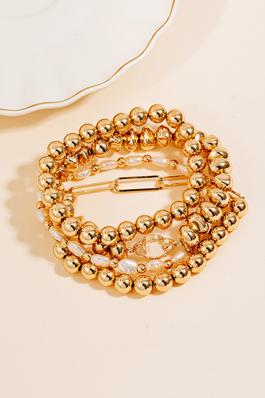 Clover Charm Pearl And Metallic Beaded Bracelet Set