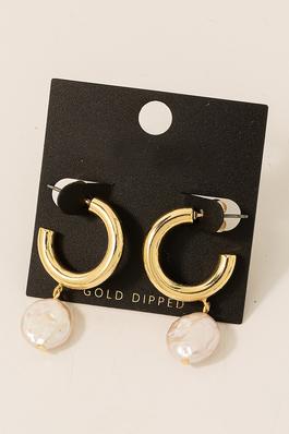 Gold Dipped Pearl Charm Hoop Earrings