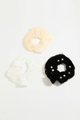 Three Piece Pearl Studded Scrunchie Set