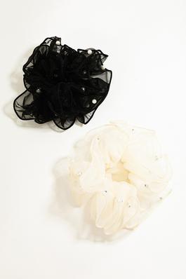 Two Piece Sheer Pearl Studded Scrunchie Set