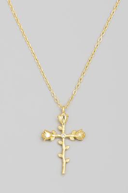 Gold Dipped Rose Stem Cross Pendant Necklace