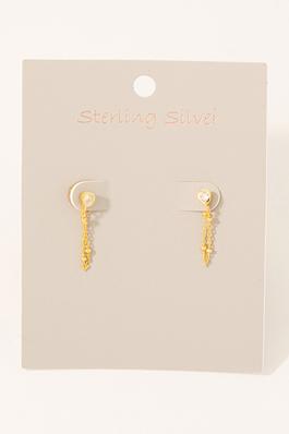 Sterling Silver Mini Cz Heart Chain Stud Earrings