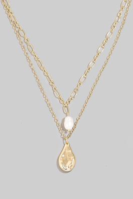 Hammered Tear And Pearl Pendant Layered Chain Necklace