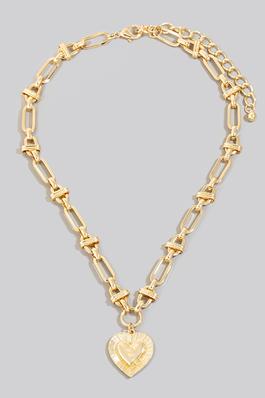 Metallic Heart Pendant Intricate Chain Necklace