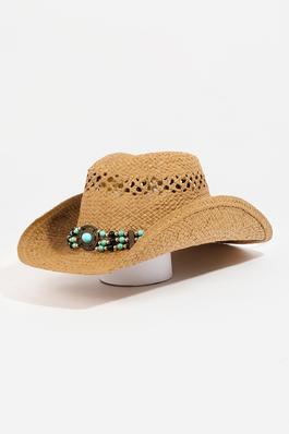 Turquoise Beaded Band Paper Braided Fedora Hat