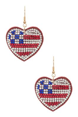 USA Flag Rhinestone Heart Shape Pillow Earrings
