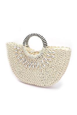 Top Handle Sea Shell Faux Straw Tote Bag