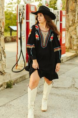 Black Floral Embroidered Long Sleeve Dress - X