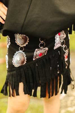 Girls Black Concho Printed Wrap Fringe Skirt