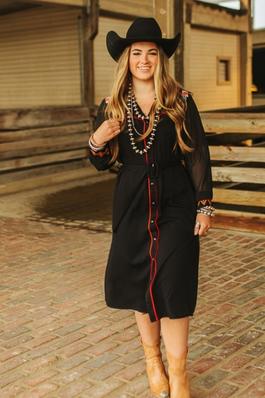 Black Aztec Floral Embroidered Button-Down Dress-X