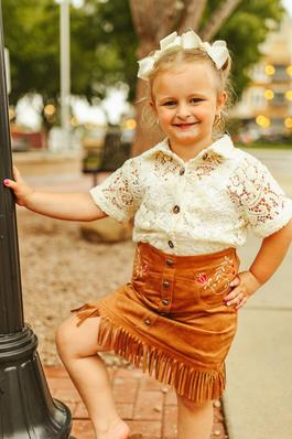 Girls Brown Suede Floral Western Fringe Skirt