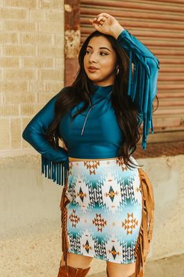 Turquoise White Brown Aztec Fringe Skirt