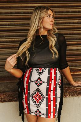 Grey Red Aztec Printed Double Side Fringe Skirt